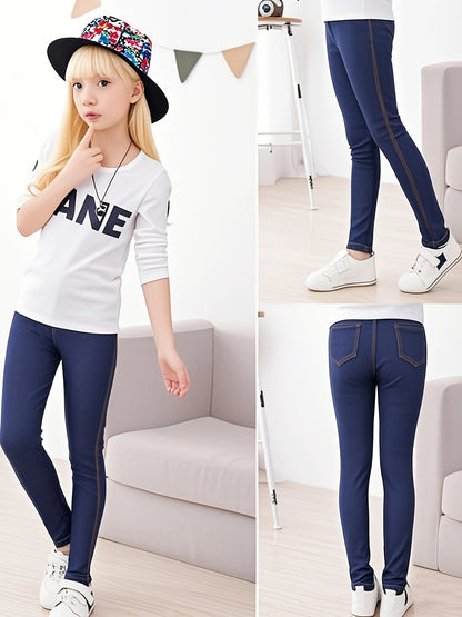 Stylish Girls' And Boys' Imitation Denim Leggings - Soft, Stretchy Cropped Pants with Pockets, Comfortable Casual Attire for Spring/Summer/Fall, Perfect Gift Idea, Perfect for Outdoor