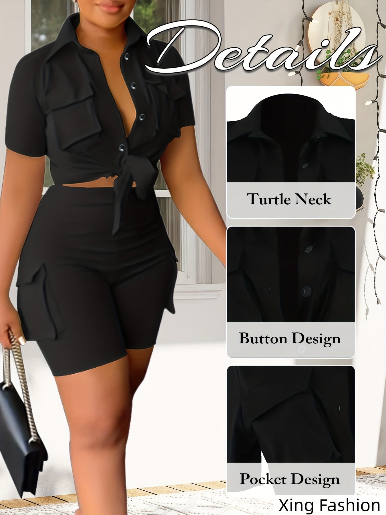 Women 2pcs Outfits Summer Casual Short Sleeve Button Top Biker Shorts with Pockets Solid Color Streetwear Set