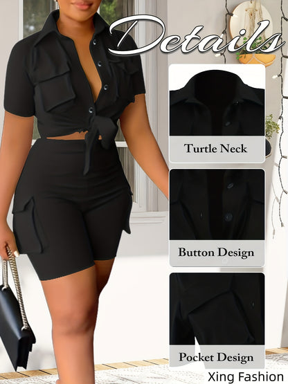 Women 2pcs Outfits Summer Casual Short Sleeve Button Top Biker Shorts with Pockets Solid Color Streetwear Set