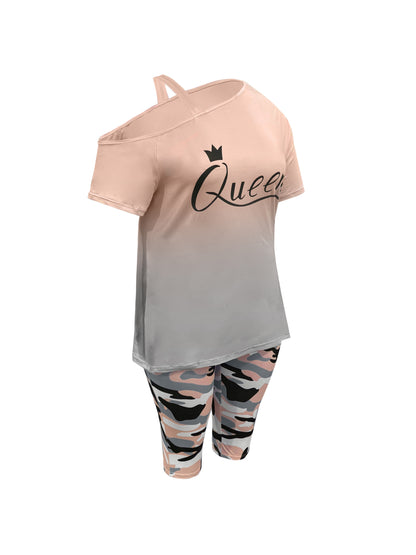 Plus Size - Ladies Fashion Daily Casual Suit, Diagonal Shoulder Camisole Gradient Letter Print Top + Camouflage Capri Pants Design.