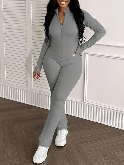 Women'S 2pcs Sets Long Sleeve Zip Up Crop Tops And Flare Pants Casual Oufit Jogger Loungewear Set