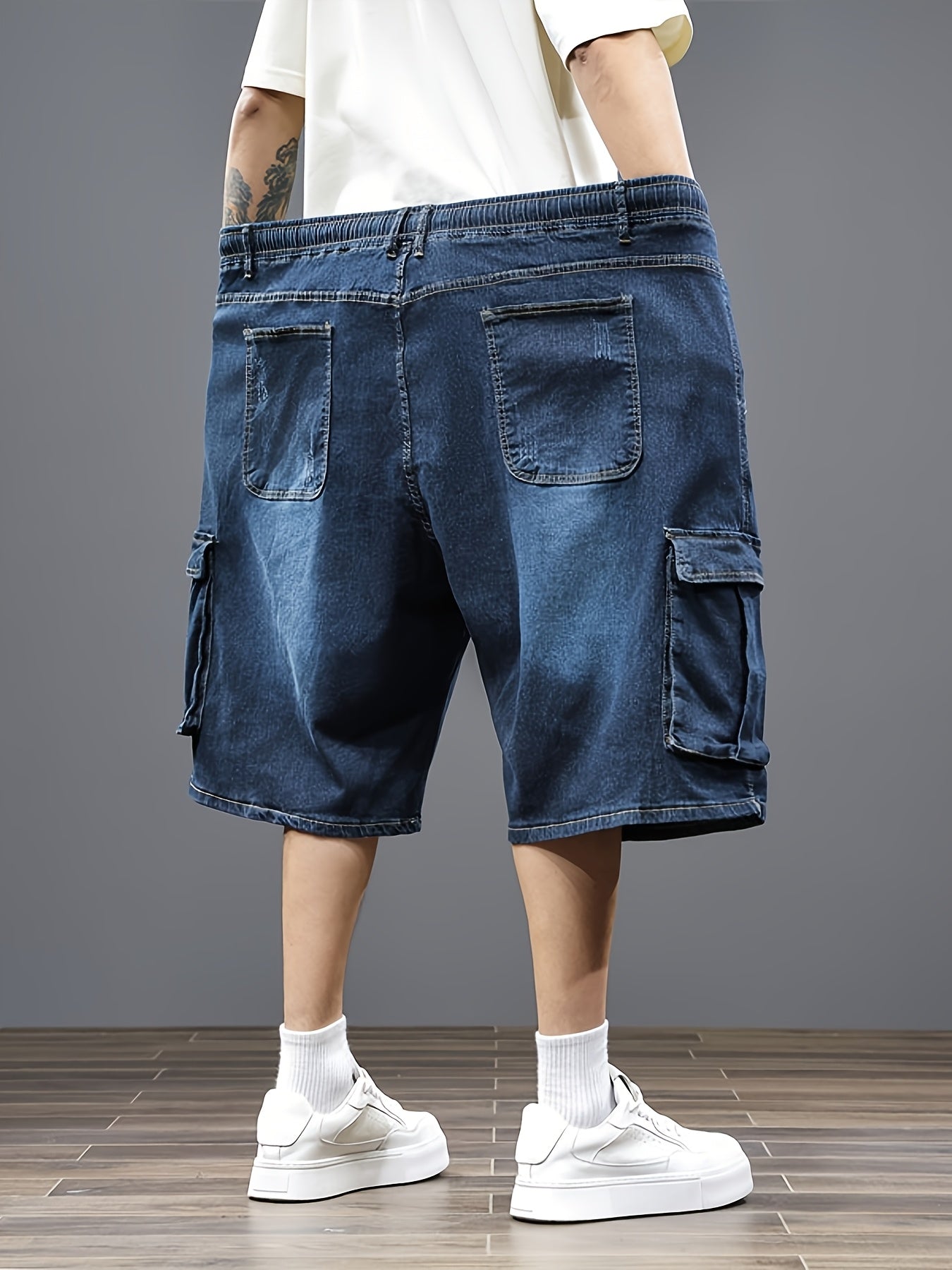 Mens Plus Size Denim Cargo Shorts, Big And Tall Elastic Waist Drawstring Jean Shorts For Men, Loose Fit Blue