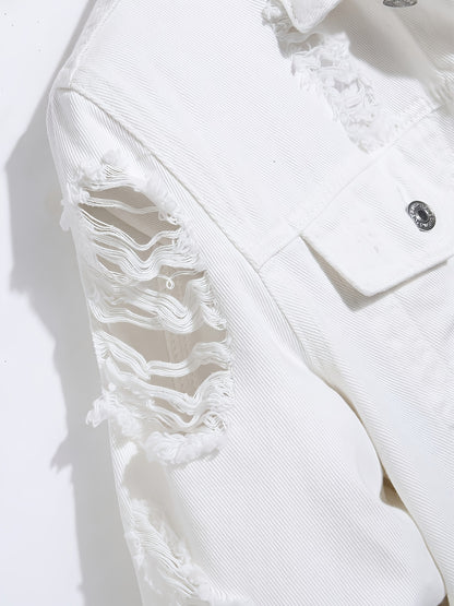 A Straightforward And Stylish Denim Jacket for Men, Featuring a Clean White Minimalist Design, Robust Washed Irregular Perforations, a Relaxed Fit for Added Comfort, a Single-Row Button Closure with an Open Front, And a Trendy, Cool Aesthetic