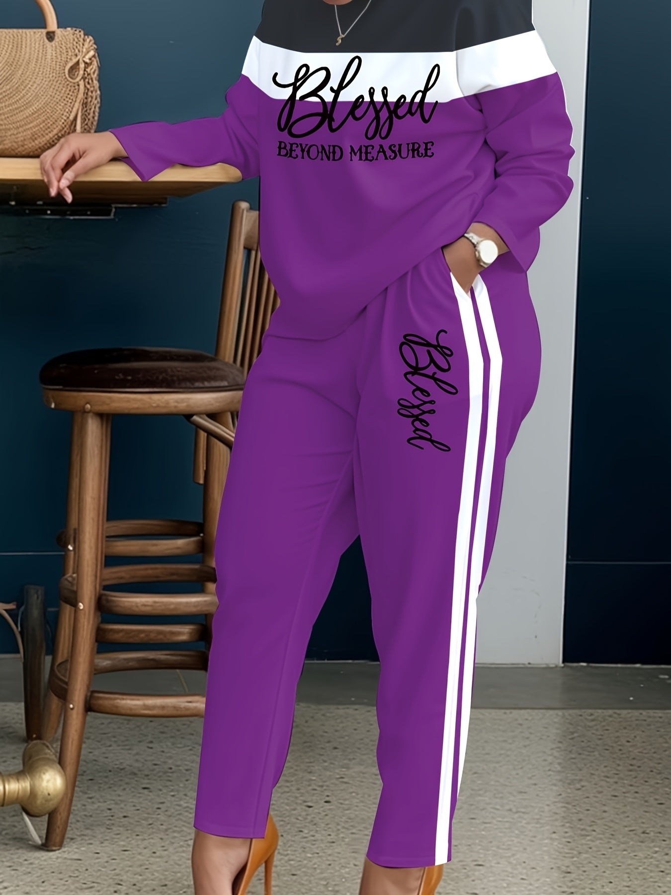 Plus Size - Plus Size - Women'S Relaxed Two-Piece Outfit, Featuring Striped Blessing Design, Includes Pockets on The Trousers