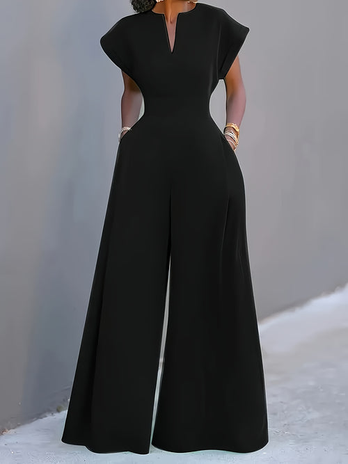 Women'S One-Piece Home Clothes, Solid Color Short-Sleeved V-Neck Wide-Leg Jumpsuit, Women'S Elegant Waist Pants, High-End Fashion Slim-Fitting Wide-Leg Pants with Pockets
