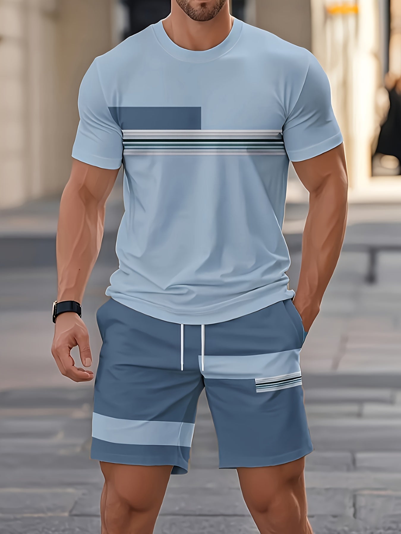 [3D Printing 2pcs Set] Summer 3D Printed Men'S Breathable Comfortable Outdoor Casual Short-Sleeve Crew Neck T-Shirt And Shorts Adult Set