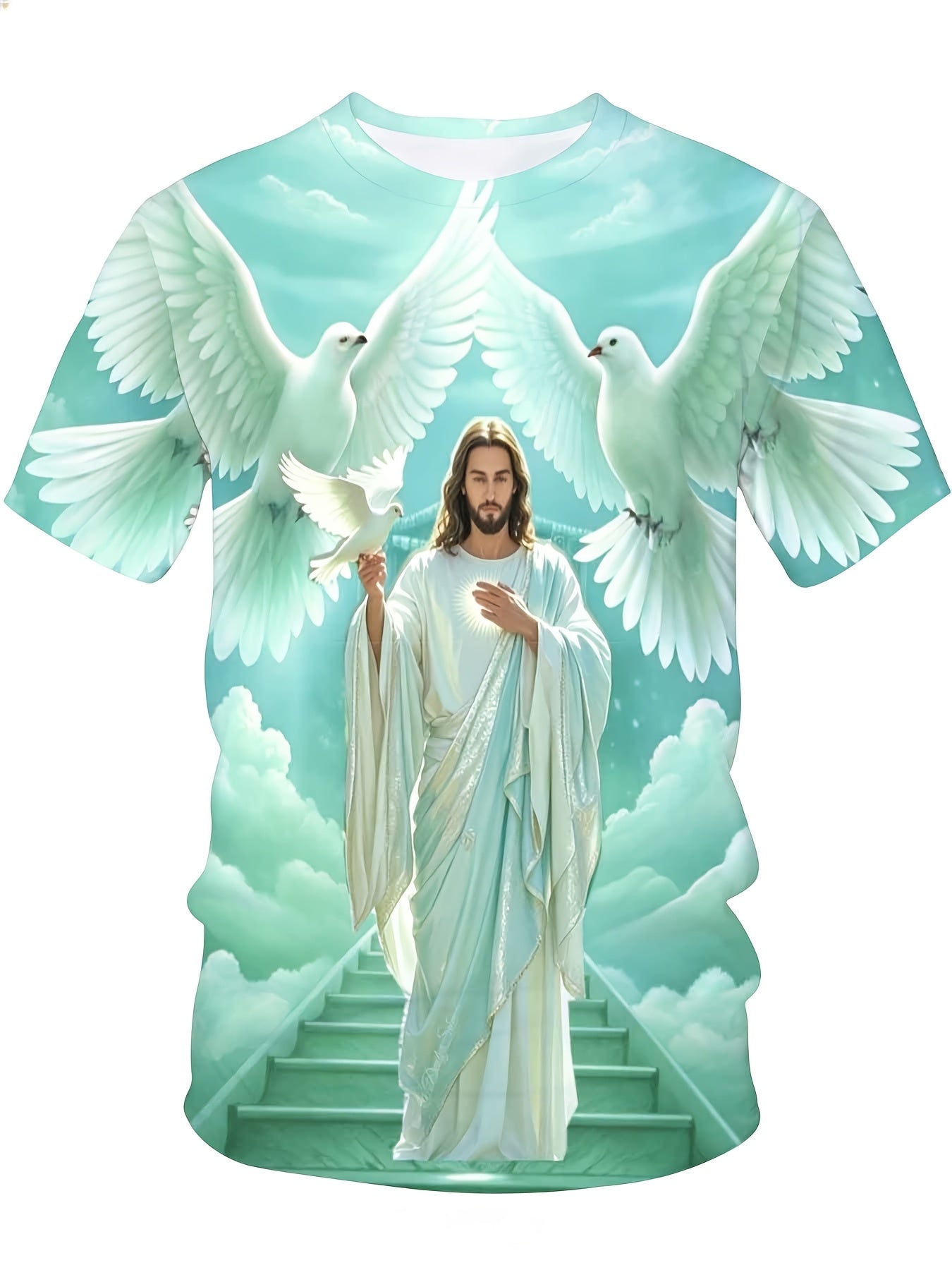 Jesus Christ With Doves And Heavenly Stairs Religious Christian T-Shirt For Men Full Print Design Faith Inspired Apparel, Plus Size