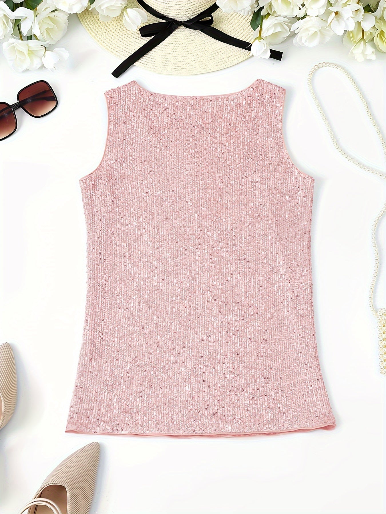 Sparkling Sequin V-Neck Sleeveless Top, Elegant Casual Tank for Spring and Summer Wear