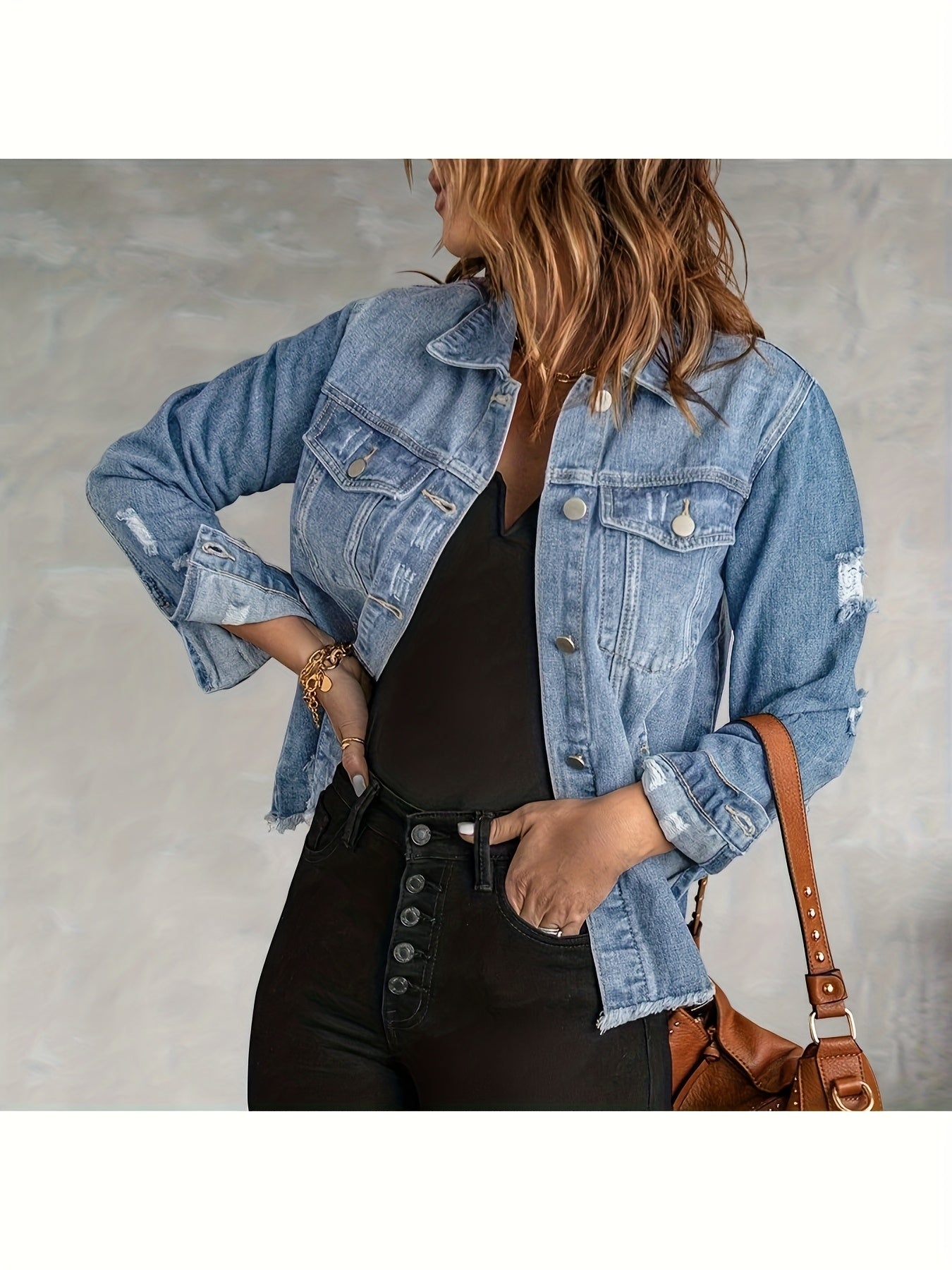 Women's Ripped Washed Button-Up Denim Jacket Coat with Pockets, Casual Classic Distressed Denim Outerwear TZ001