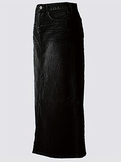 Long Denim Skirt for Women Casual A-Line Denim Maxi Skirt Stretch High Waisted Jean Skirt with Pocket