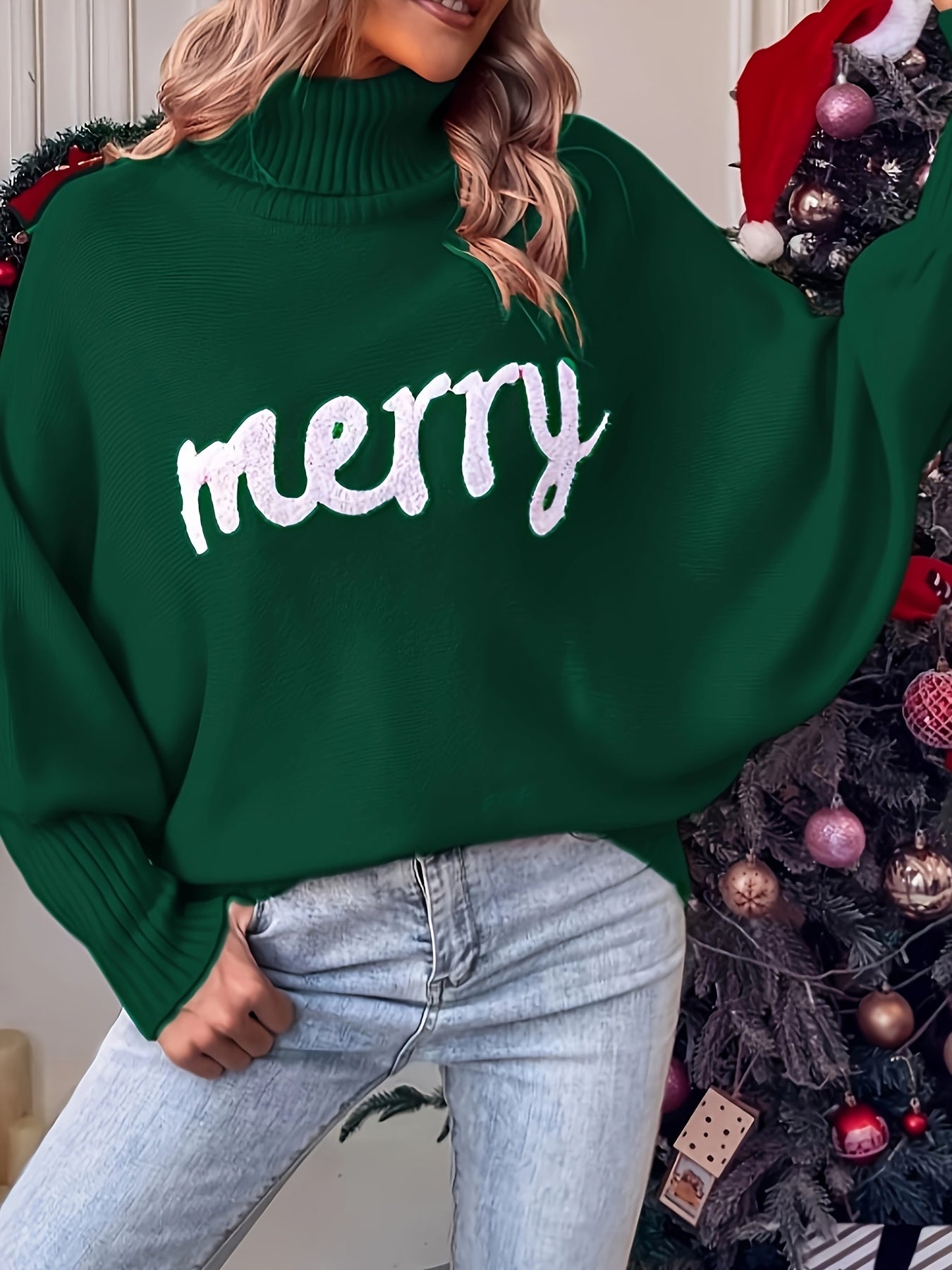 Women's Merry Christmas Letter Sweater - Batwing Sleeves & High Collar Winter Top, Loose Fit Sweaters for Xmas Parties, Casual Weather Wear (Hand Washable) - Solid Color Cozy Blouse