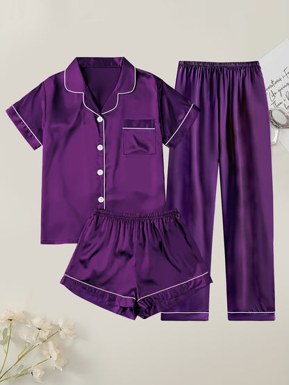 Women'S Solid Satin Casual Pajama Set, Short Sleeve Buttons Lapel Top & Shorts & Pants, Comfortable Relaxed Fit