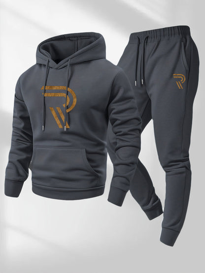 Independence Day Celebration Men's Sportswear 2pcs Hoodie with Pants, Grey with Black Logo, Non-elastic Fabric, Regular Fit, with Pockets, Suitable for Autumn And Winter, Hoodie | Pocket Pants, Sweater Hoodie, Street Style, Party Style