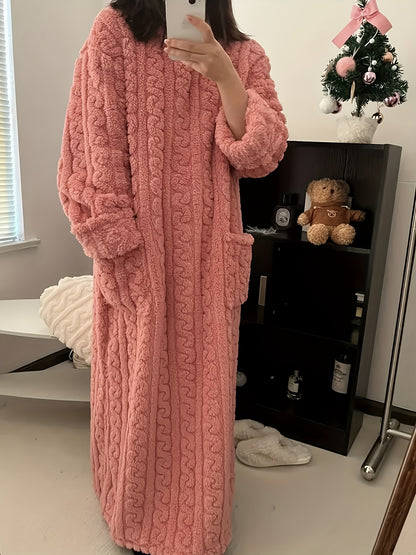 Ladies' Thick Coral Velvet Sleeper Robe - Super Soft Long with Pocket, Winter Home Sleeper, Machine Washable SPA Casual Clothing, Comfortable and Warm Home Outfit, Round Neck Warm Sleeper, Durable and Comfortable Material