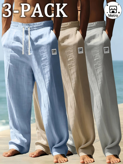 Men's 3pcs Casual Pants Lightweight Breathable Drawstring Waist Trousers for Beach, Vacation & Summer Daily Wear