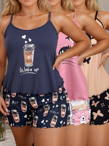 3 Sets of Women'S Plus Size Comfortable Pajama Sets, Including Coffee/Heart/Cat Print Patterns, Shorts And Printed Suspenders Home Clothes