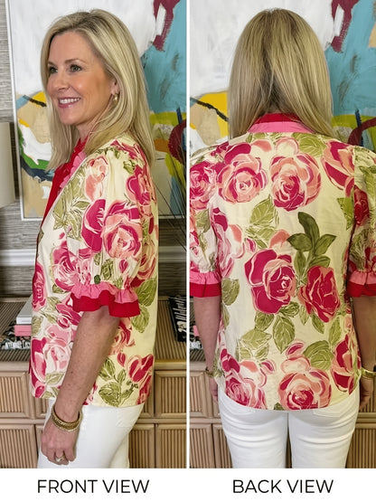 Women's Summer New Casual Loose Fashion Color Blocked Pleated V-neck Printed Top Fabric Soft and Comfortable, Versatile for Daily Use