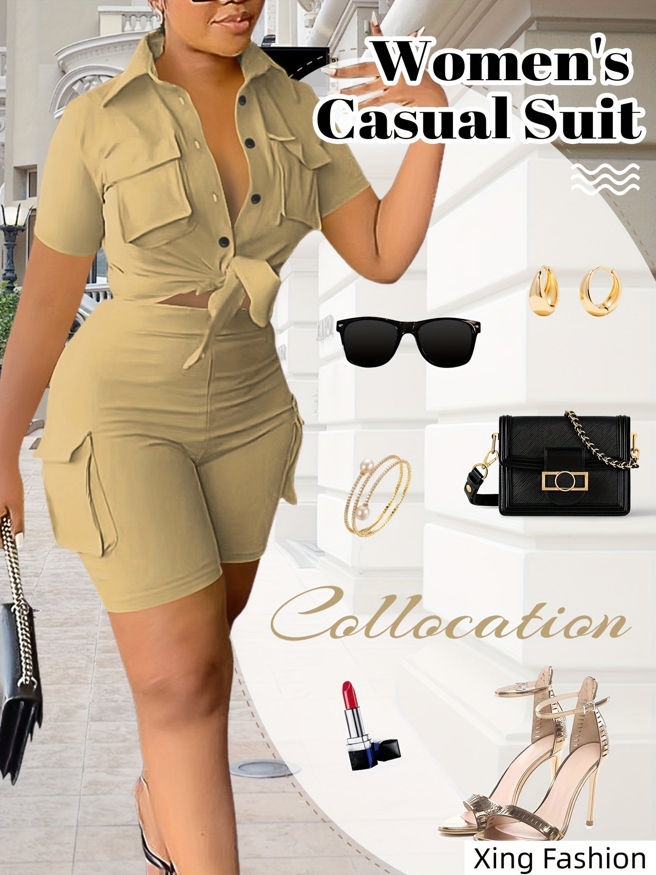 Women 2pcs Outfits Summer Casual Short Sleeve Button Top Biker Shorts with Pockets Solid Color Streetwear Set