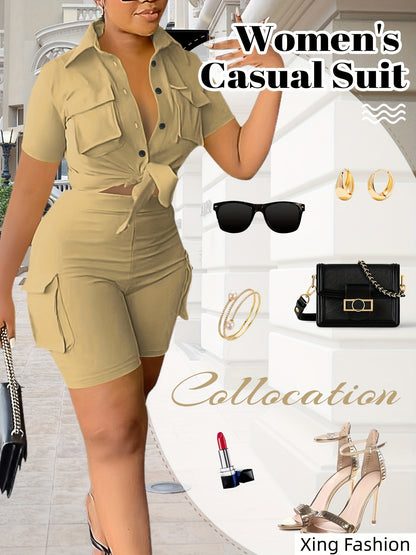 Women 2pcs Outfits Summer Casual Short Sleeve Button Top Biker Shorts with Pockets Solid Color Streetwear Set