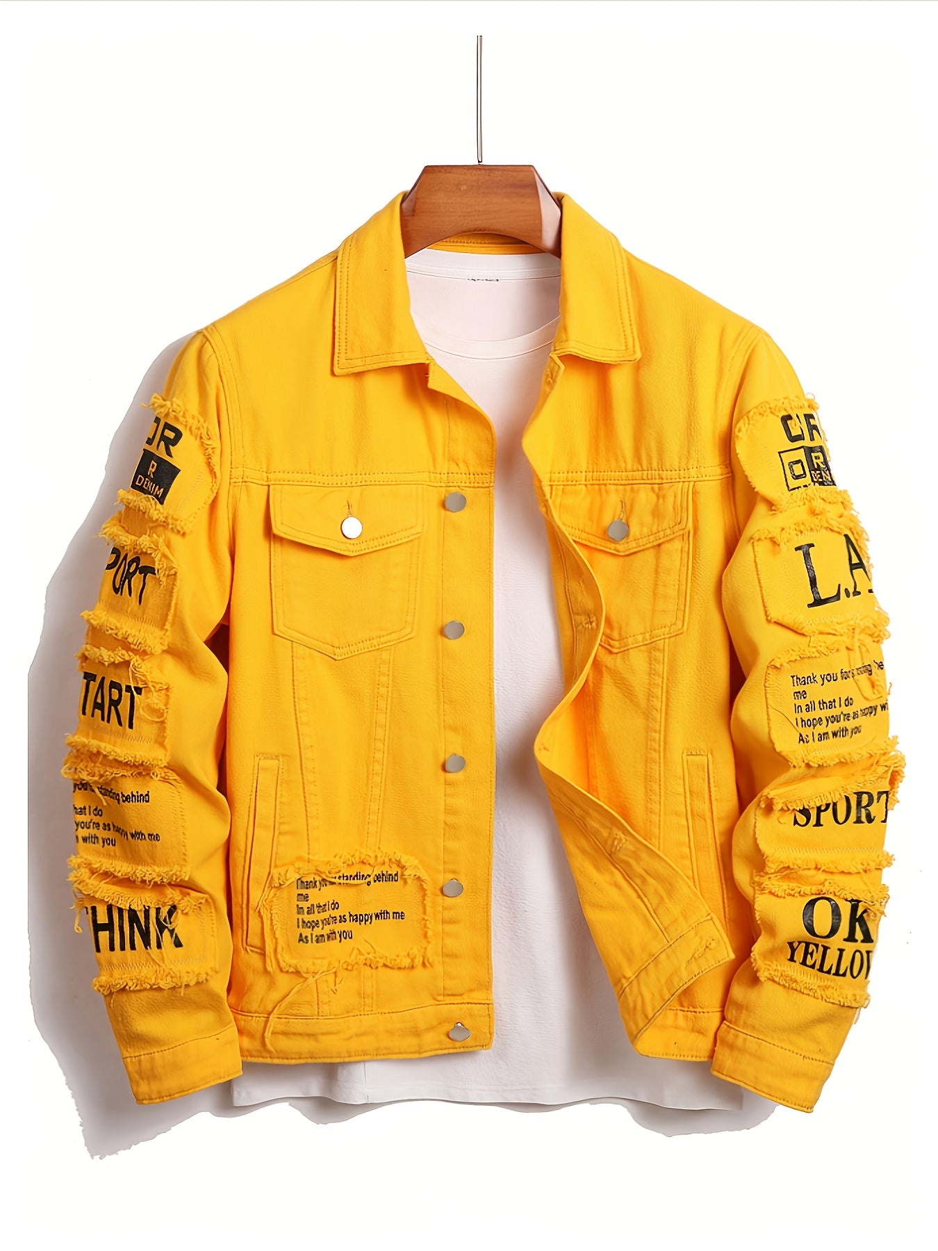 [HME] American High Street Men's Denim Jacket, Three-dimensional Cut And Loose Fit, Fashionable Patchwork And Patchwork Design, Full Of Retro Street Style, Open Front, Single-row Button Closure, Fashionable And Trendy Men's Denim Jacket