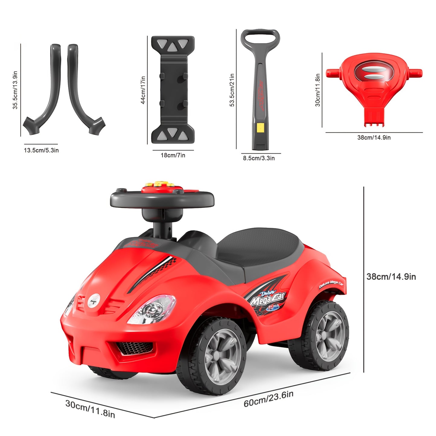 3-in-1 Children's Toy Stroller - Ride-On Walker & Push Cart with Multi-Function Steering Wheel & Music Player, Detachable Push Handle, Safety Handrails, Multiple Storage Spaces. Multiple Ways to Play to Prevent Idleness - Red/