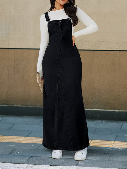 [Durable Denim Dress] Durable Denim Dress - Women's Non-Stretch Loose Fit Long Skirt with Detachable Strap, Multiple Buttons for Easy Closure, Everyday to Formal Outfits - Casual Chic Outwear, Versatile Outfit Option