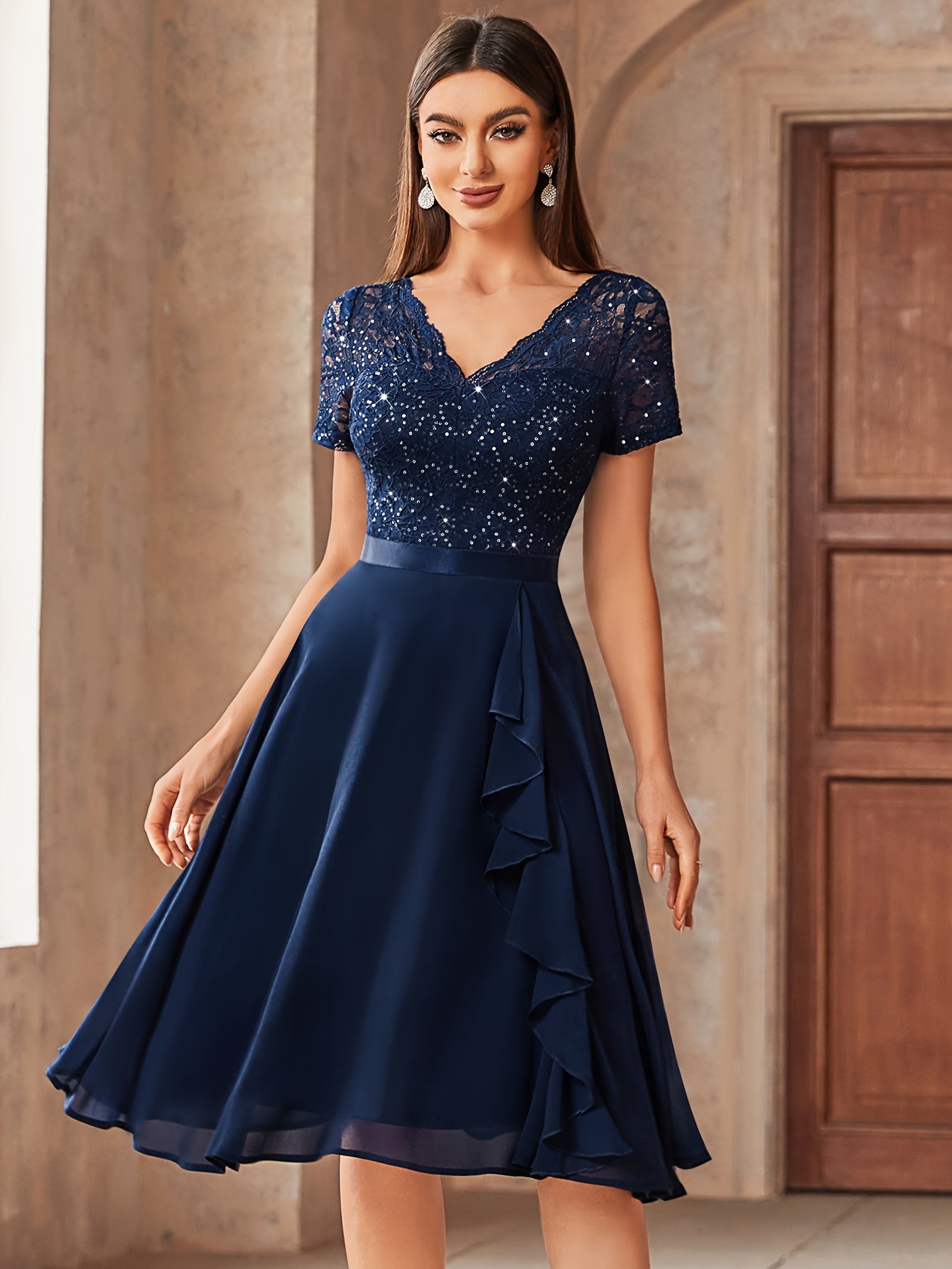 24224 Elegant Womens Sequin Lace Chiffon A Line Bridesmaid Dress, V Neck Short Sleeves, Ruched Ruffle Hem, Perfect for Graduation Season, Wedding Season, Summer Wedding Guest, Evening Party, Cruise Party And Birthday Celebration