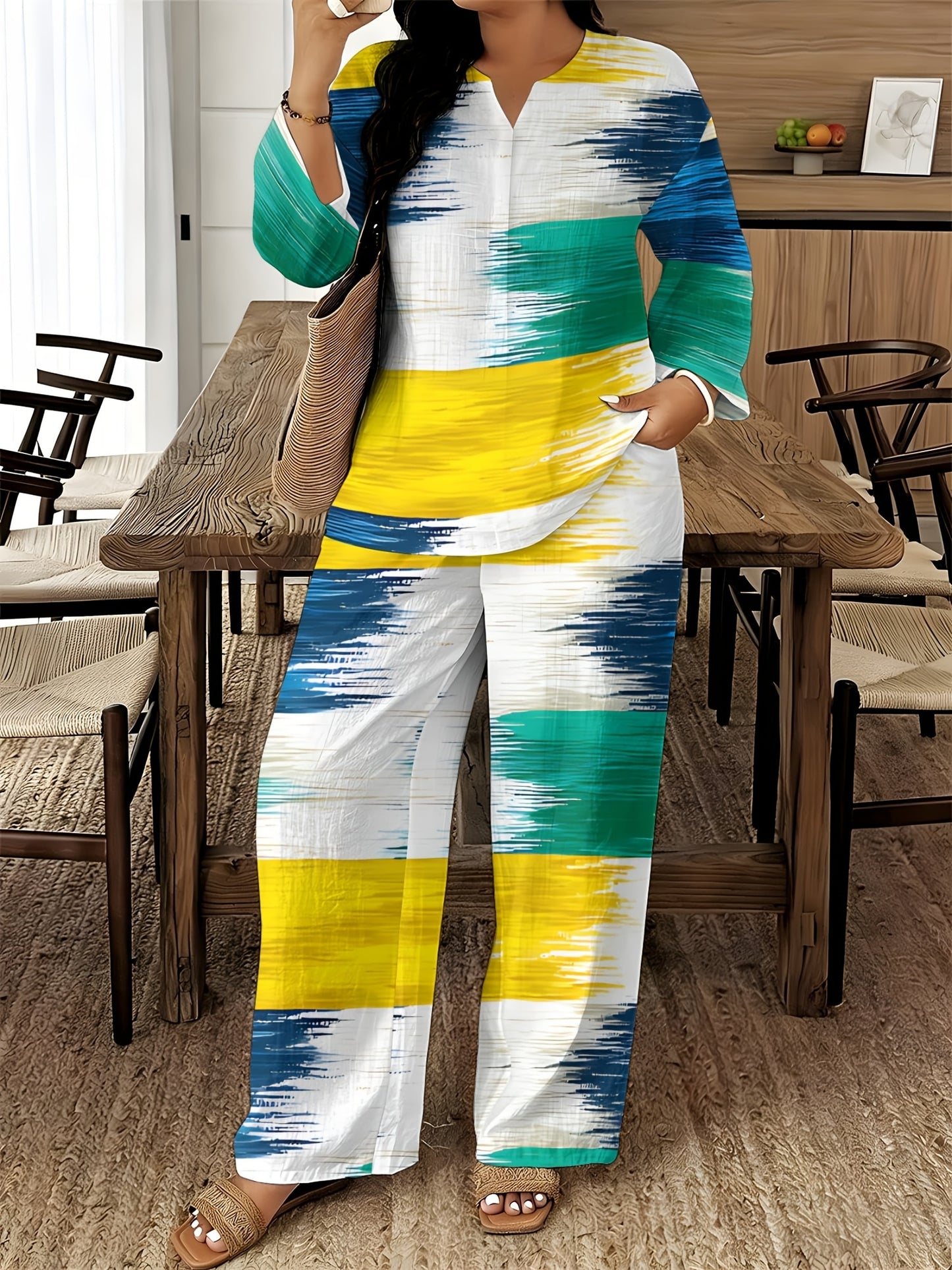 2026 New Women's Standard Size Long Sleeved Pants 2pcs Set, Set, Spring And Summer New V-Neck Long Sleeved Shirt Printed Elastic Waistband Pants 2pcs Set, Digital Printing Machine Washable Fabric, Elegant And Comfortable