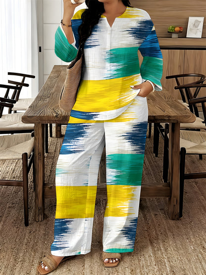 2026 New Women's Standard Size Long Sleeved Pants 2pcs Set, Set, Spring And Summer New V-Neck Long Sleeved Shirt Printed Elastic Waistband Pants 2pcs Set, Digital Printing Machine Washable Fabric, Elegant And Comfortable