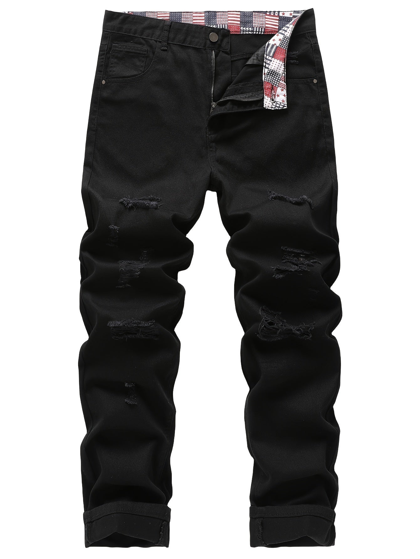 Men's Non-Stretch Ripped Tapered Denim Jeans - Distressed Streetwear Pants with Tapered, Ripped Hem & Flag Suitable for - Wear, Machine Washable Regular Fit for Urban Fashion and Casual Outfits