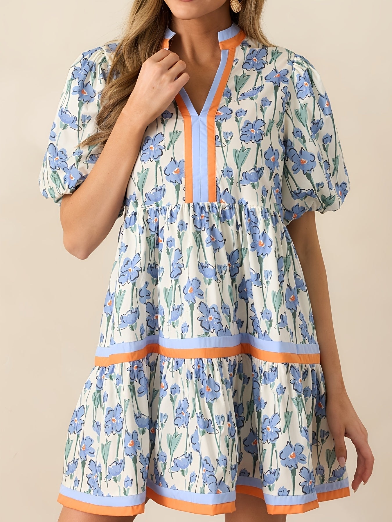 Women'S Summer Floral Mini Dress, Puff Sleeve Short Sleeve V-Neck Loose Bohemian Style Beach Dress, Floral Print
