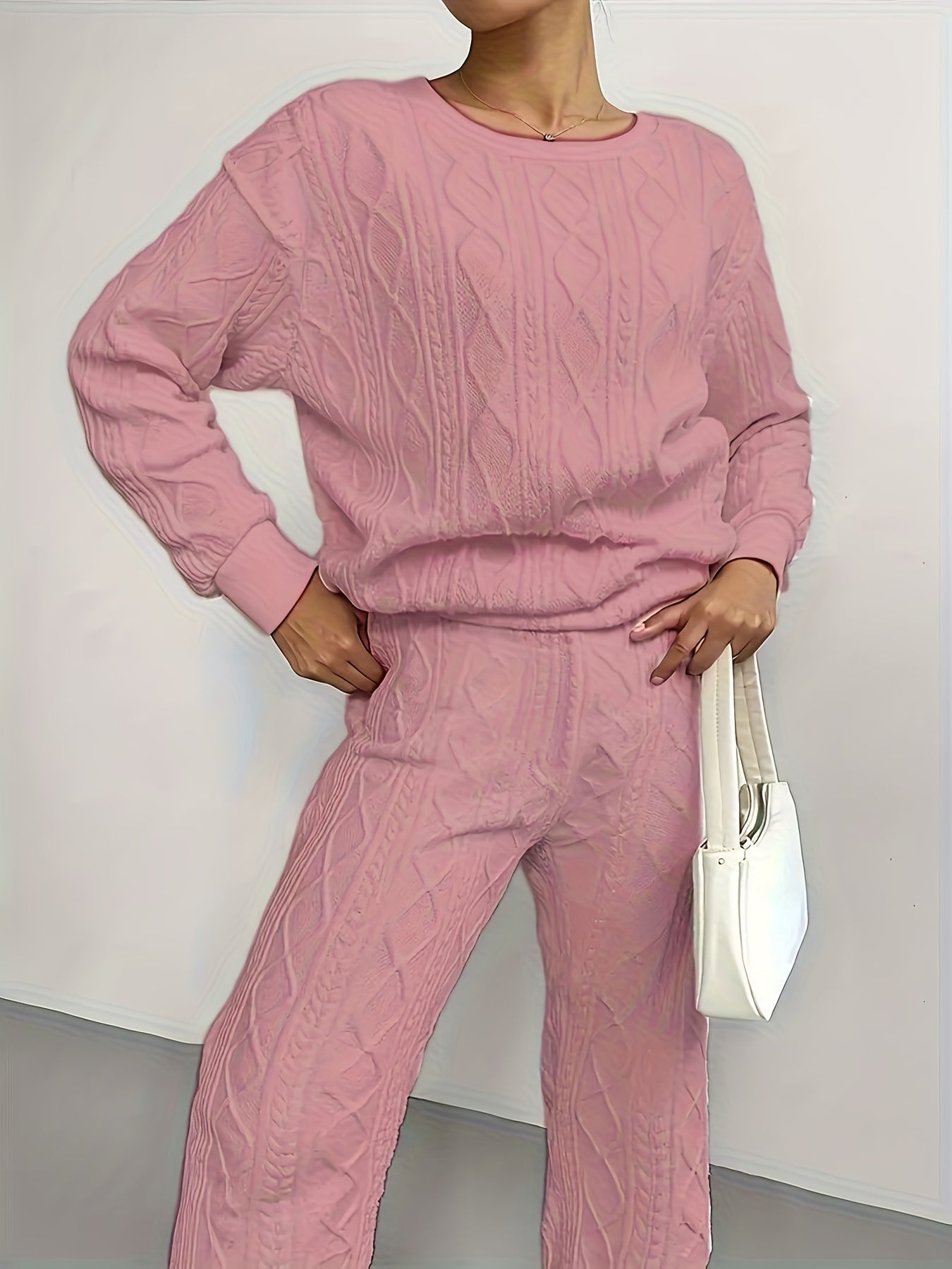 Women'S Sweatshirt Ensemble for Autumn/Winter 2025 - Featuring a Solid Color, Cable Patchwork, Long Sleeve Crew Neck Top And Cuffed Pants in a Two-Piece Outfit, Including a Pullover And Sweater, Perfect for Christmas And Fall