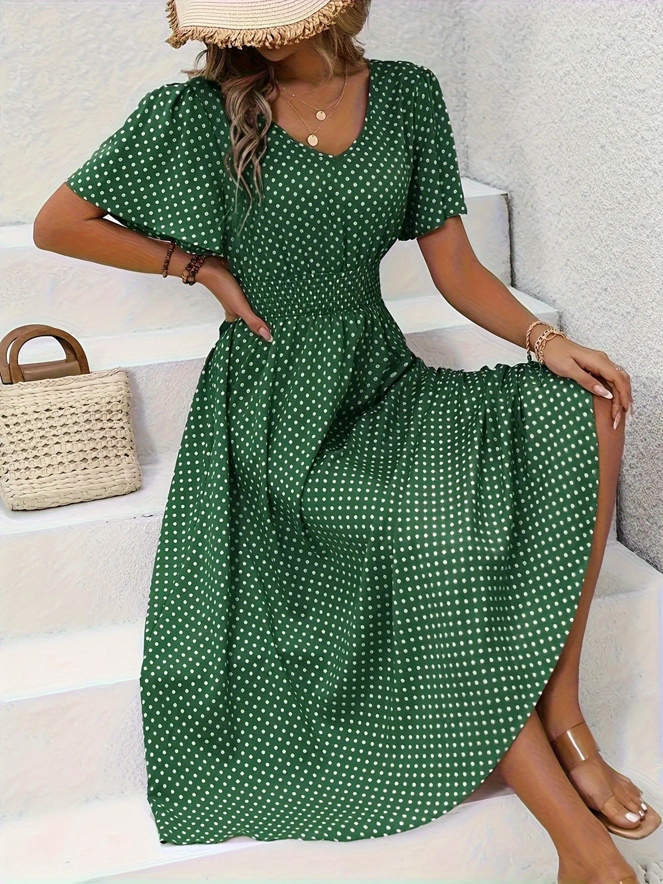 Stylish Pink Polka Dot Midi Dress for Ladies - Casual V-Neck, Ruffled Sleeves, Fitted Waist Design, Made from Lightweight, Ideal for Spring And Summer, Machine Washable