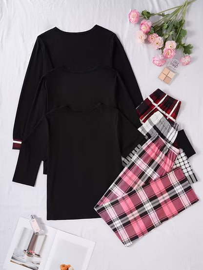 A New Six-piece Set Of Casual Home Wear for Women, Featuring Heart-shaped Printed Long-sleeved Tops, Long-sleeved And Short-sleeved Round-neck Checkered Tops with Pockets, And A Comfortable And Loose Fit, Making It Perfect for Casual Home Wear