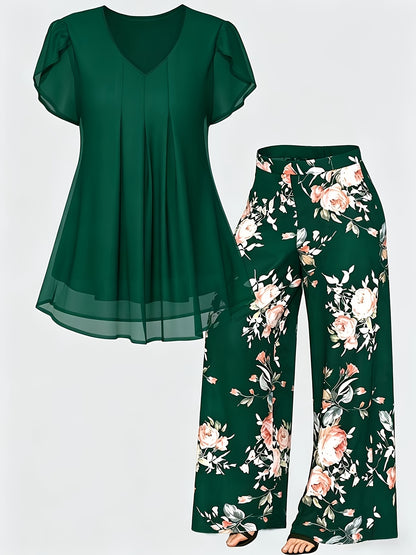 Plus Size - New Women'S Solid Color Top And Printed Pants Chiffon Fashion Style Set Top And Pants Two Piece Set