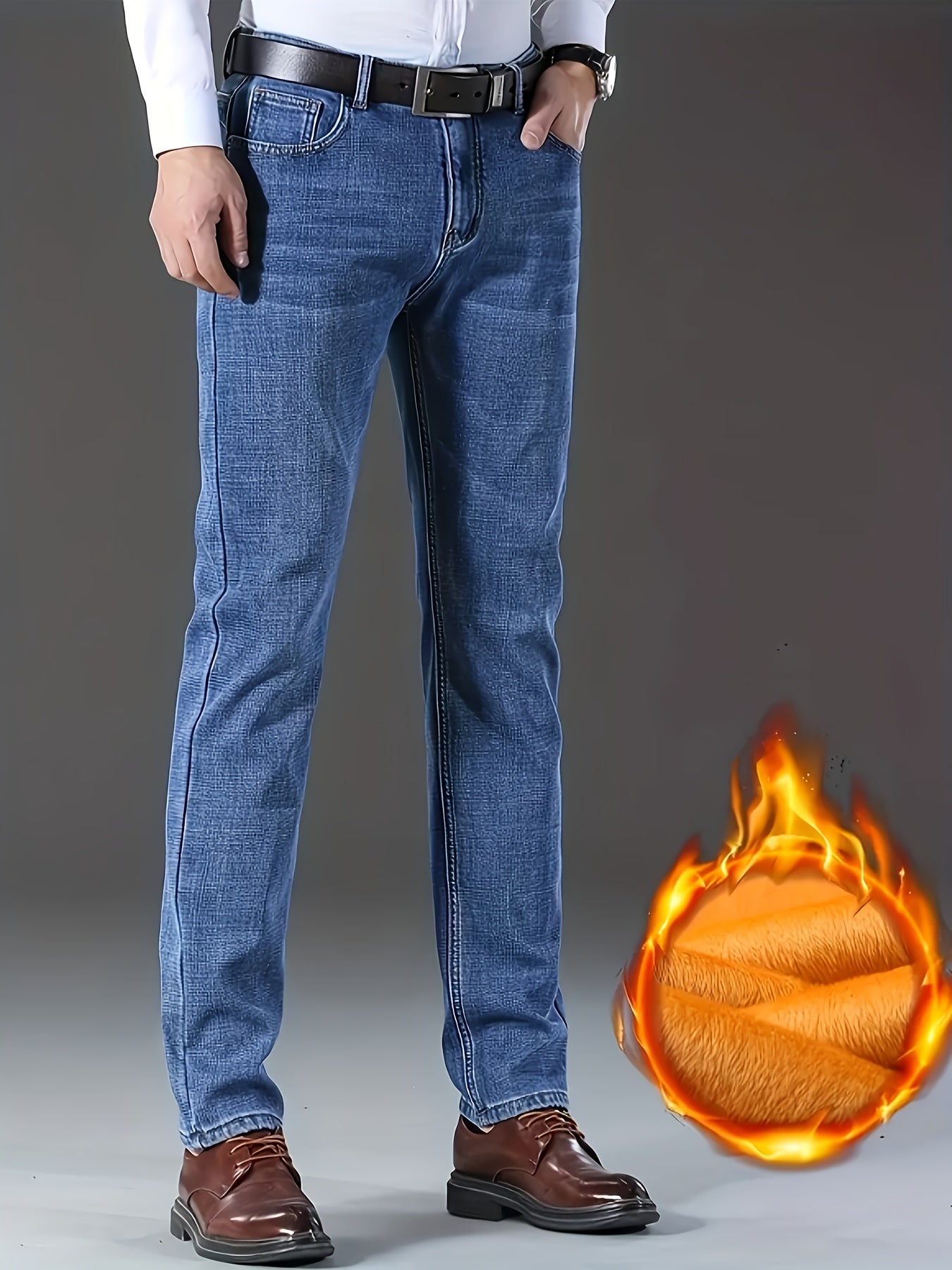 Composite Lining Lambskin Thickened Men'S Jeans, Winter Style, Strong Warmth Retention, Good Wind And Cold Resistance, Washable Classic Blue, Thickened Men'S Denim Long Pants for Autumn And Winter