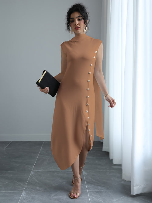 Women'S Elegant High Neck Sleeveless Maxi Dress with Shawl Collar & Split Hem - Solid Color A-Line Silhouette, Floor-Length to Mid-Calf Length Adjustable Maxi Dress for Spring Summer Fall, Casual to Formal Events, Wrinkle-Resistant Fabric (No Lining) - Ve