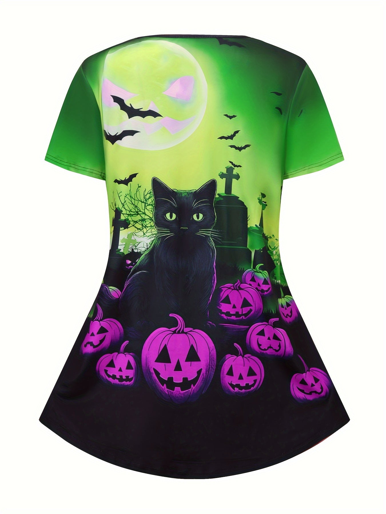 Plus Size - Plus Size Casual Halloween Print Pants Set, Short Sleeve Crew Neck T-shirt & High Waist Flare Leg Pants Outfits, Women'S Plus Size Clothing