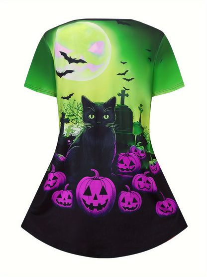 Plus Size - Plus Size Casual Halloween Print Pants Set, Short Sleeve Crew Neck T-shirt & High Waist Flare Leg Pants Outfits, Women'S Plus Size Clothing