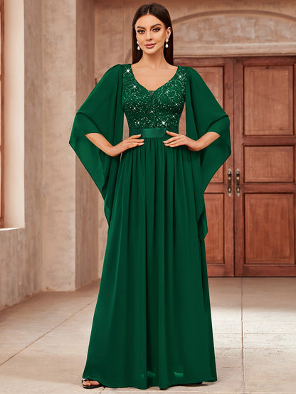 53303 Elegant Women's Lace & Sequin Bridesmaid Dress - A-Line Maxi Wedding Gown with 3/4 Bell Sleeves, V-Neck Color-Block (Bodice &), Machine Washable Bridesmaids Gown for Weddings, Parties, Prom