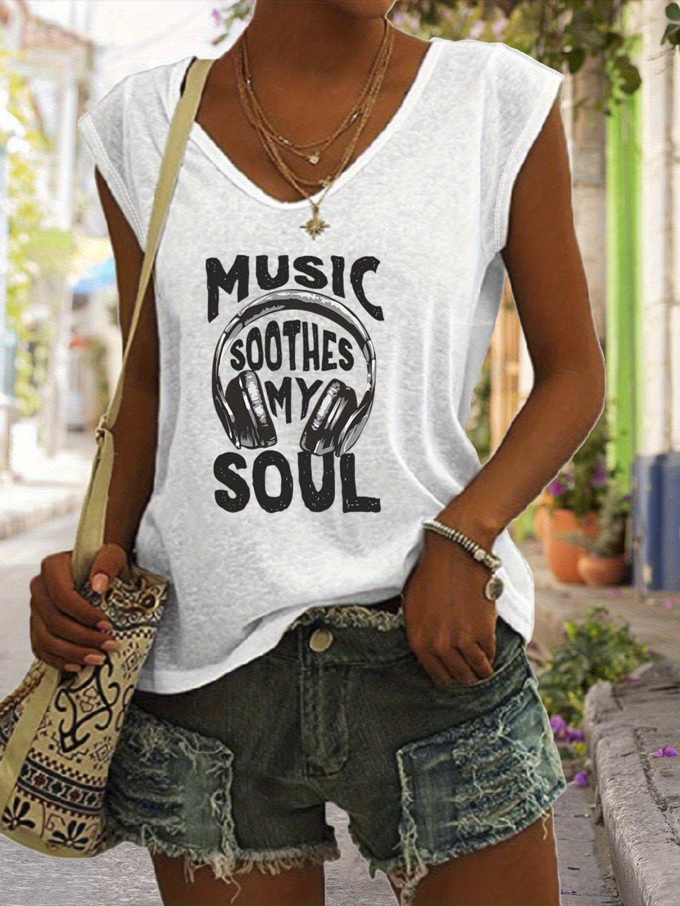 Women'S V-neck Music Festival Letter Print Tank Top- Casual Sleeveless Summer Spring Wear, Machine Washable