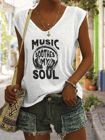 Women'S V-neck Music Festival Letter Print Tank Top- Casual Sleeveless Summer Spring Wear, Machine Washable