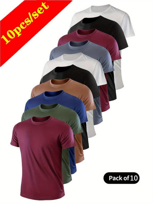 10pcs Set of Men's Quick Drying Sports T-shirt - Breathable, Moisture Wicking Short Sleeved Shirt, Suitable for Gym, Running and Training, Lightweight and Comfortable, Multiple Colors (wine Red, Military Green, Navy Blue, Khaki, Black, White, Gray