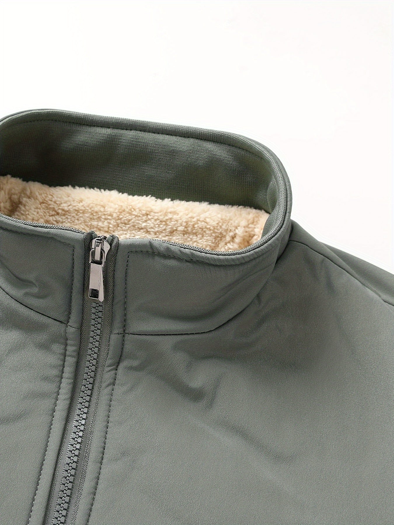 Plus Size Men's Solid Band Collar Jacket Fall Winter Fleece Warm Jacket, Men's Clothing, PLUS SIZE