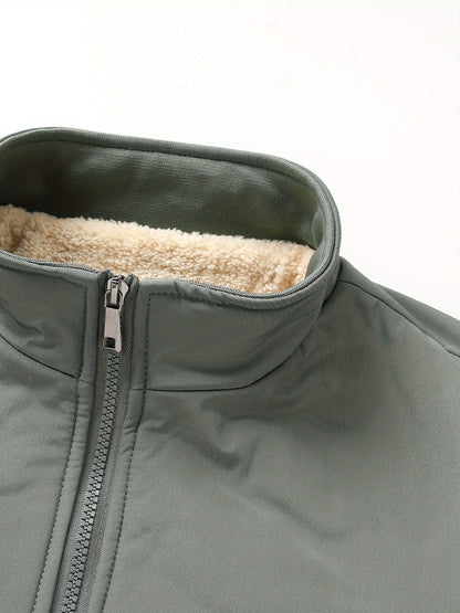 Plus Size Men's Solid Band Collar Jacket Fall Winter Fleece Warm Jacket, Men's Clothing, PLUS SIZE