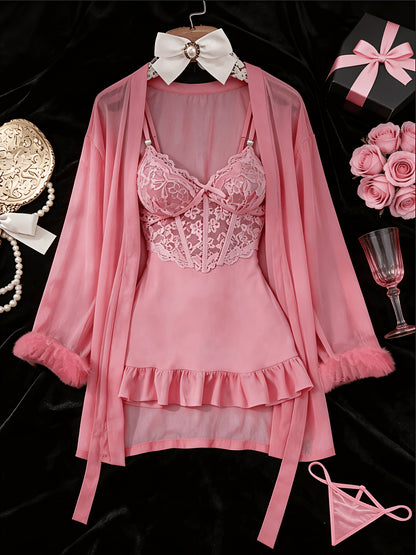[3pcs Sheer Lace Set] Women's Lingerie 3pcs Sheer Lace Babydoll Set With Robe And Panty See Through Trim Mesh Sleepwear Sexy Nightwear