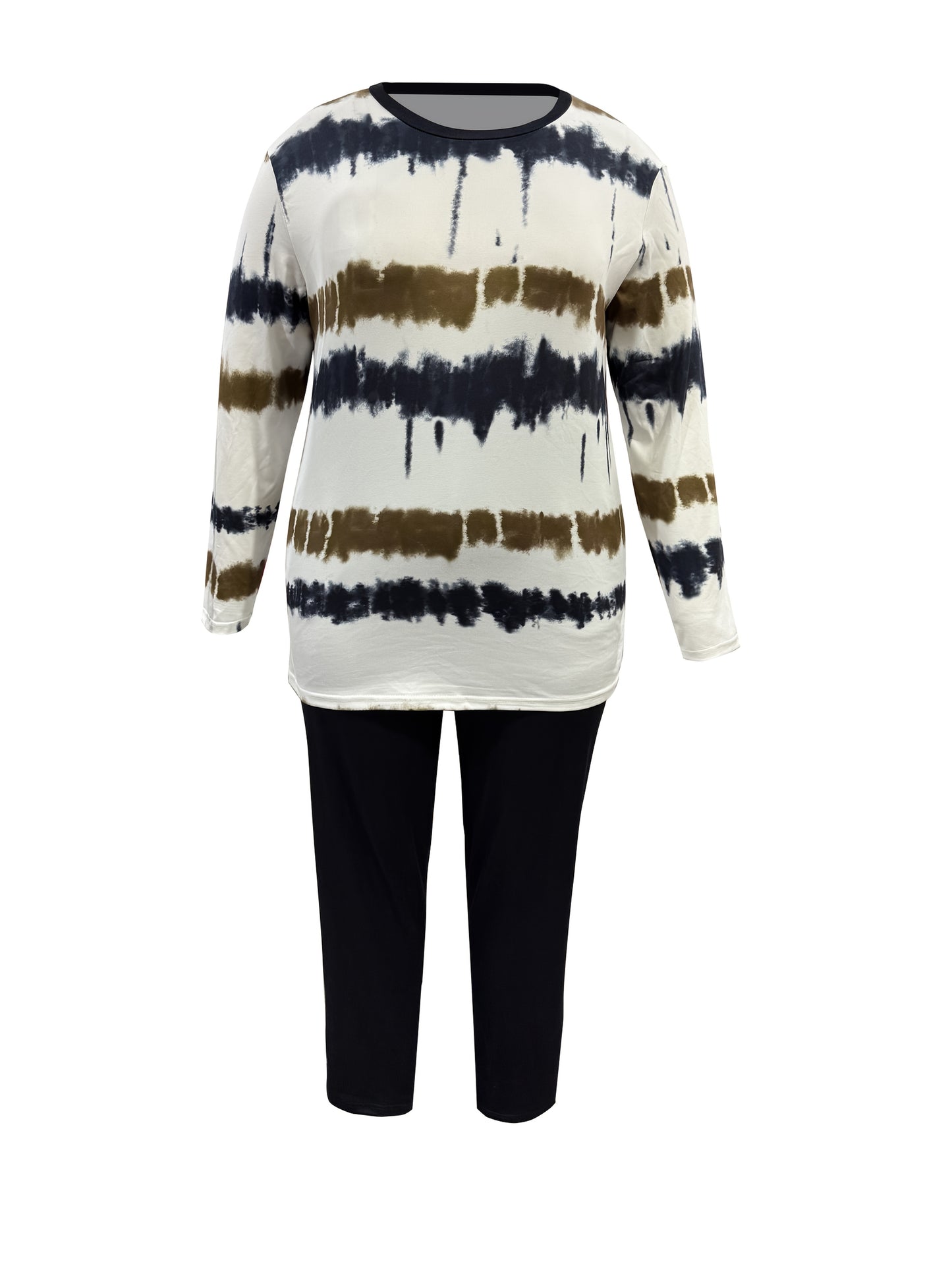 Plus Size - Plus-size Fashion Tie-dye Striped Print Long-sleeved Trousers Suit, Suitable For Going Out