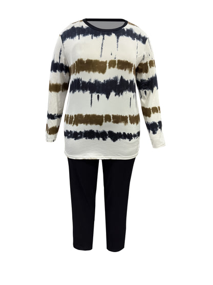 Plus Size - Plus-size Fashion Tie-dye Striped Print Long-sleeved Trousers Suit, Suitable For Going Out