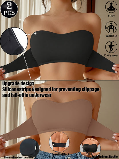 2pcs Strapless Bandeau Bras Tube Top Front Closure Wireless Bra Summer Traceless Bras Solid Seamless Bra Sexy Comfy Push Up Bra Women's Smoothing Backless Tube Top Lingerie Woman Underwear Bralette Brad