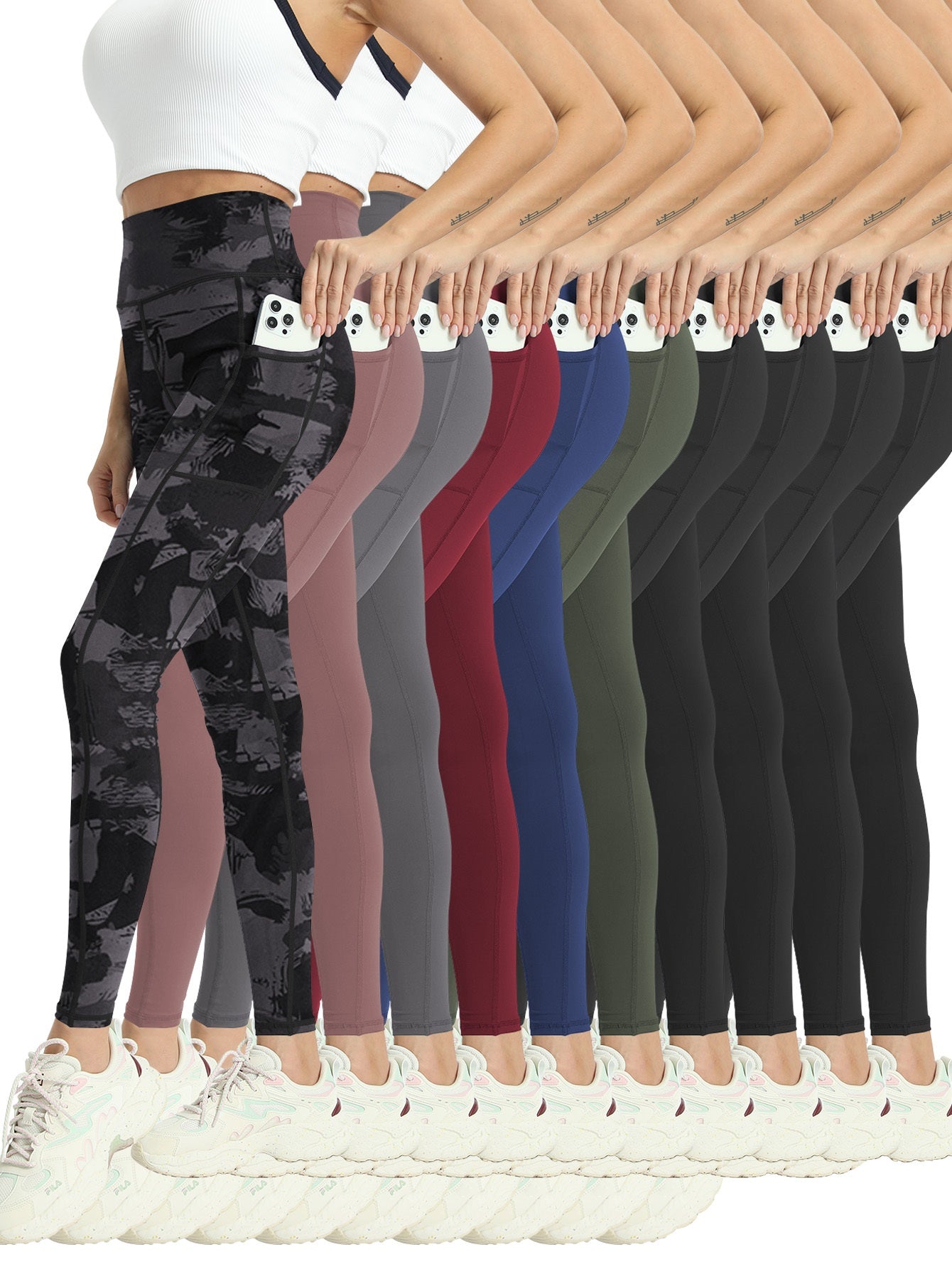10pcs Pack Women's High-Waisted Stretch Yoga Leggings - Full-Length Workout Pants Suitable for Running, Gym, Pocketed for Layering - Solid Color Athletic Wear